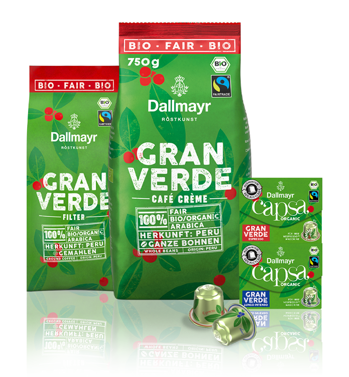 Sortiment Dallmayr Gran Verde: mletá káva na filter, celozrnná Café Crème a capsa