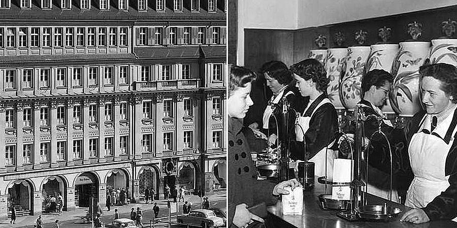 Dallmayr Delikatessenhaus und Einblick in den Kaffeeladen in den 1950er Jahren