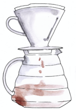 Illustration of a ceramic coffee dripper with coffee flowing into a glass jug