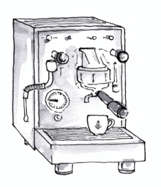 Illustration of a portafilter espresso machine with a Dallmayr espresso cup
