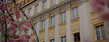 Dom lahôdok Dallmayr v Mníchove lemovaný vetvami s čerešňovými kvetmi.