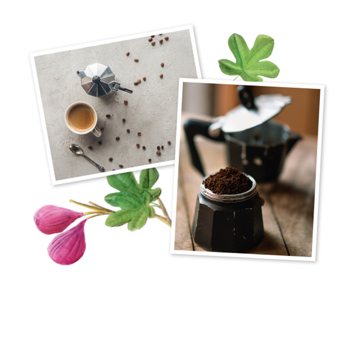 Frisch gebrühter Kaffee in einer Tasse neben einer Espressokanne. Gemahlener Espresso in einer Espressokanne.