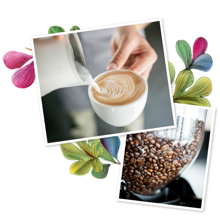 Barista tvorí latte art v cappuccine. Zrná espressa v nádobe na kávové zrná.