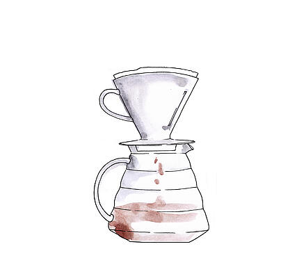 Illustration of a ceramic coffee dripper with coffee flowing into a glass jug