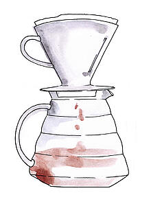 Illustration Keramikhandfilter aus dem Kaffee in eine Glaskanne läuft