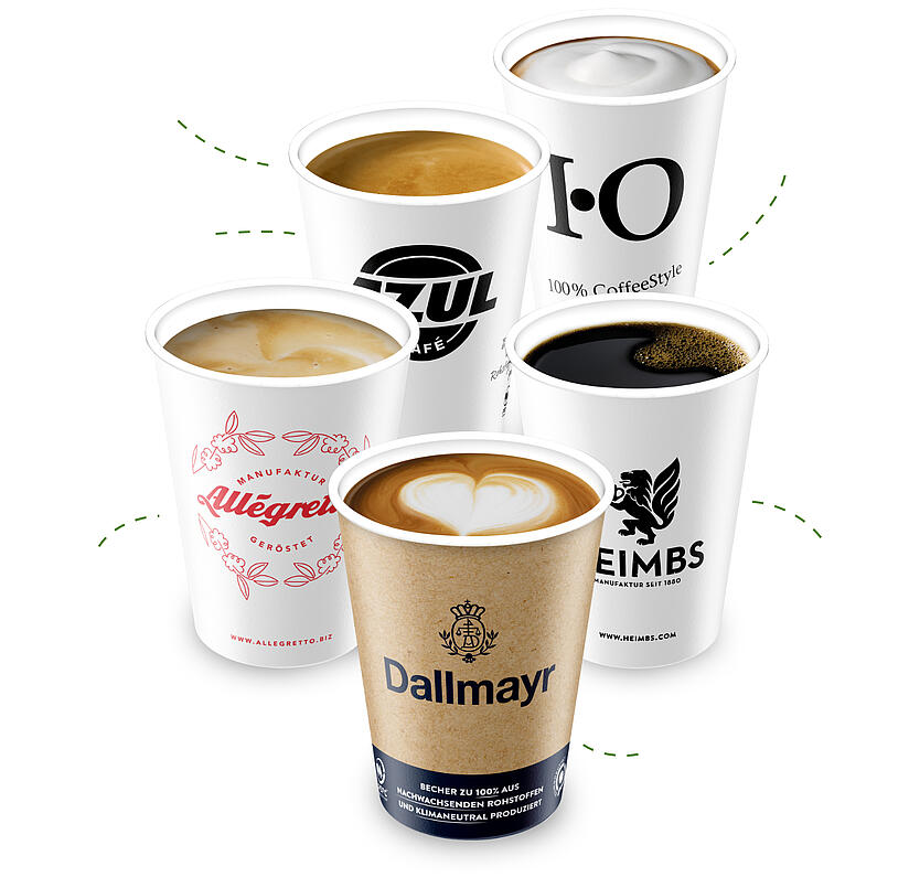 Klimaticky neutrálne vyrábaný pohár na kávu so sebou od spoločnosti Dallmayr zo 100 % obnoviteľných surovín na rastlinnej báze