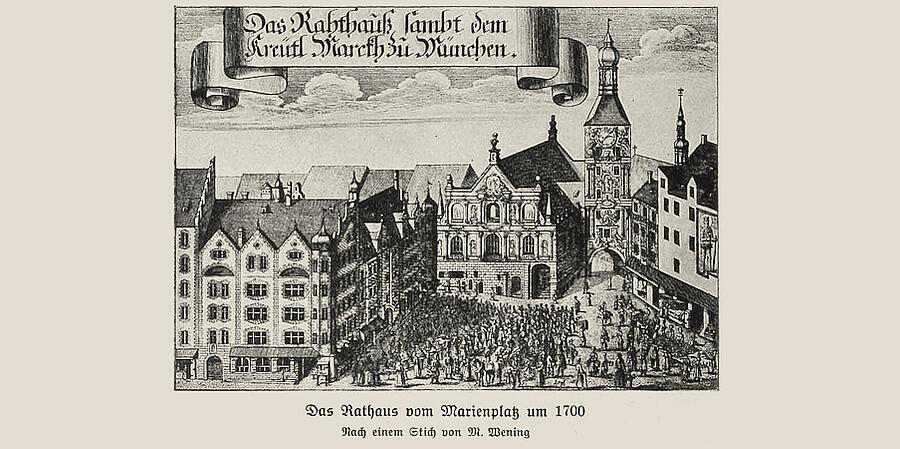 Kresba mníchovského námestia Marienplatz okolo roku 1700