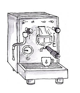 Illustration of a portafilter espresso machine with a Dallmayr espresso cup