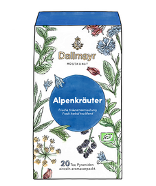 Illustration of a Dallmayr Alpine Herbs pyramid teabag pack