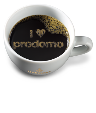 Schwarzer Filterkaffee in Dallmayr Tasse mit "I love prodomo" Schriftzug