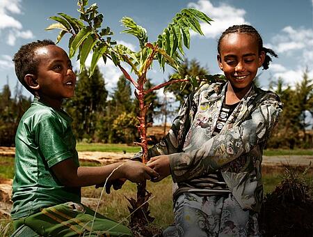 Zwei Kinder pflanzen einen Baum in Äthiopien