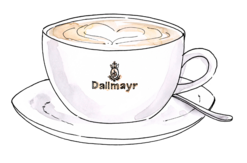 Illustration of a Dallmayr coffee cup with a latte-art heart design