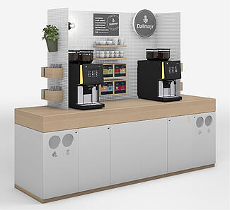 Точка Dallmayr розміру L для приготування кави, білого кольору, з двома повністю автоматичними кавомашинами