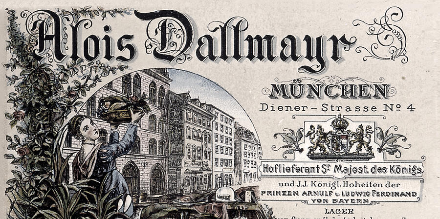 Diplom Aloisa Dallmayra ako bavorského kráľovského dvorného dodávateľa okolo roku 1900