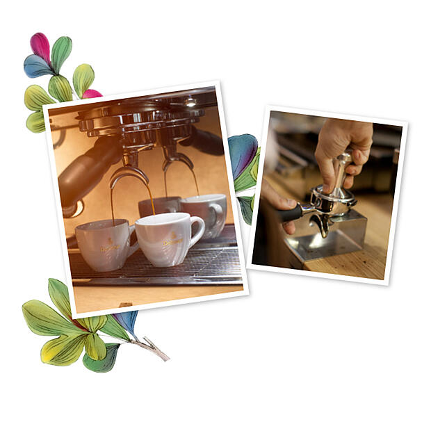 Čerstvo pripravené espresso vyteká z portafiltra do dvoch šálok na espresso. Mletá káva v portafiltri.
