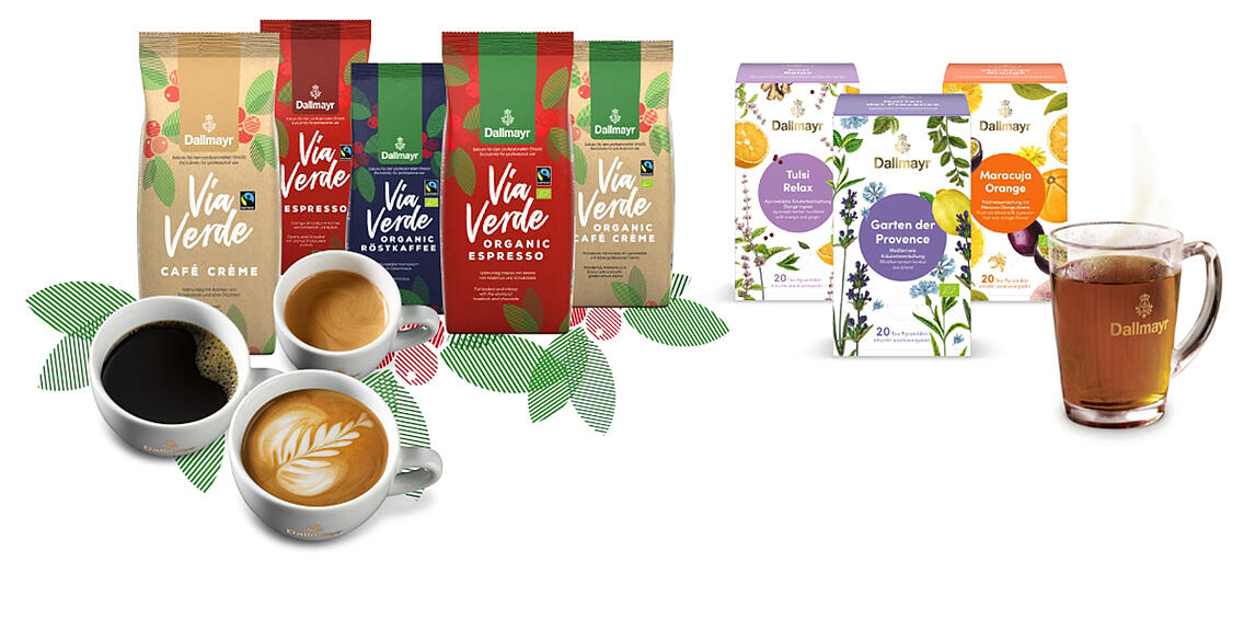 Herbata Dallmayr i ekologiczne produkty kawowe Via Verde między filiżankami z kawą filtrowaną, cappuccino, espresso i herbatą dla gastronomii