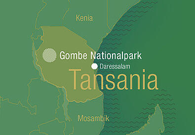 Tanzánia térképének illusztrációja a Gombe Nemzeti Parkkal