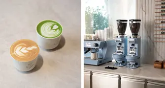 Matcha Latte und Cappuccino neben Siebträgermaschine und Kaffeemühle im Dallmayr Coffee Club