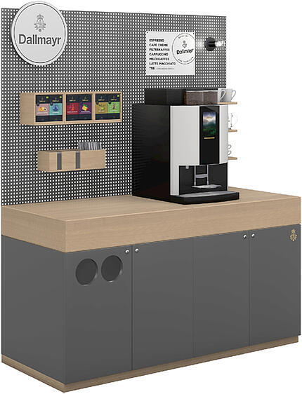 Point café Dallmayr avec distributeur entièrement automatique et différents types de thé