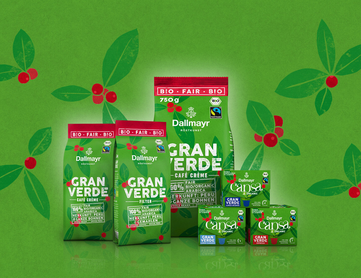 Dallmayr Gran Verde Sortiment: Filterkaffee gemahlen, Café Crème ganze Bohne und capsa